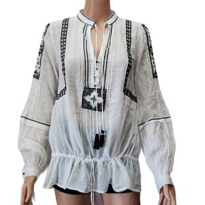 ZARA Women's‎ Size XS Boho Top Embroidered Peplum Tassel Tie Neck White /Black